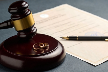 Gavel, wedding rings, and legal documents