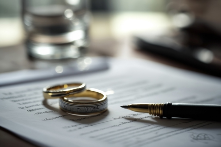 Two wedding rings and a pen on a document